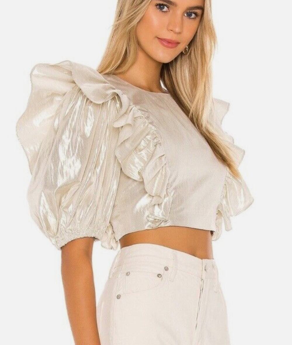 Lovers + Friends Revolve Crop Top Ruffle Metallic Foil Gold Puff Sleeve Sz XS
